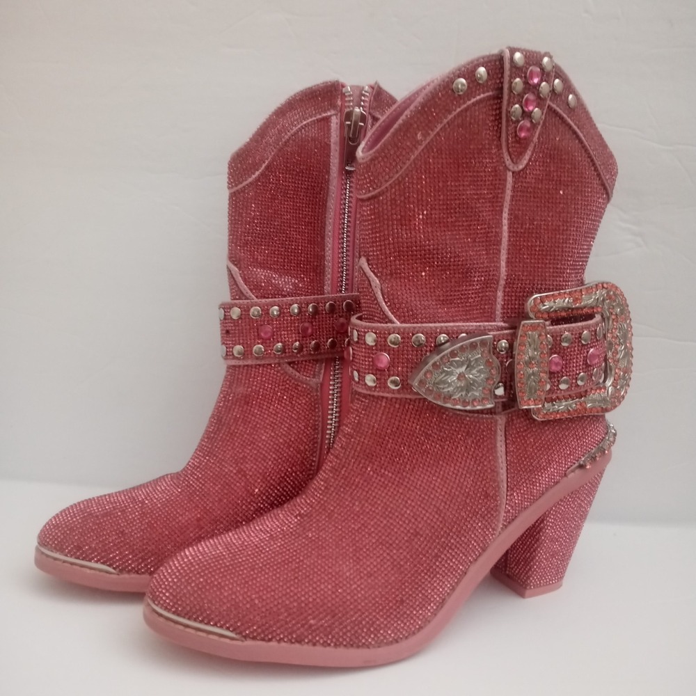 Dolls Kill sz 10M Pink Sharp Sheriff Shine Cowboy Boots ankle bootie Rhinestones - Picture 2 of 13